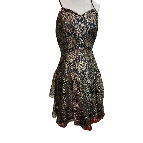 Black & Gold Ruffle Lace Prom Dress Strappy Sexy 80s Short Tiered - Picture 3 of 5